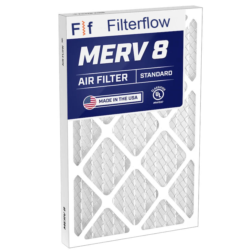 Filterflow MERV 8 air filter packaging on a white background