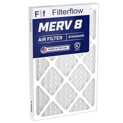 Filterflow MERV 8 air filter packaging on a white background