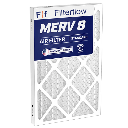 Filterflow MERV 8 air filter packaging on a white background