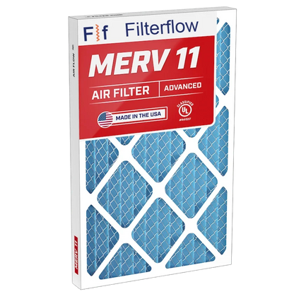 Filterflow MERV 11 air filter packaging on a white background